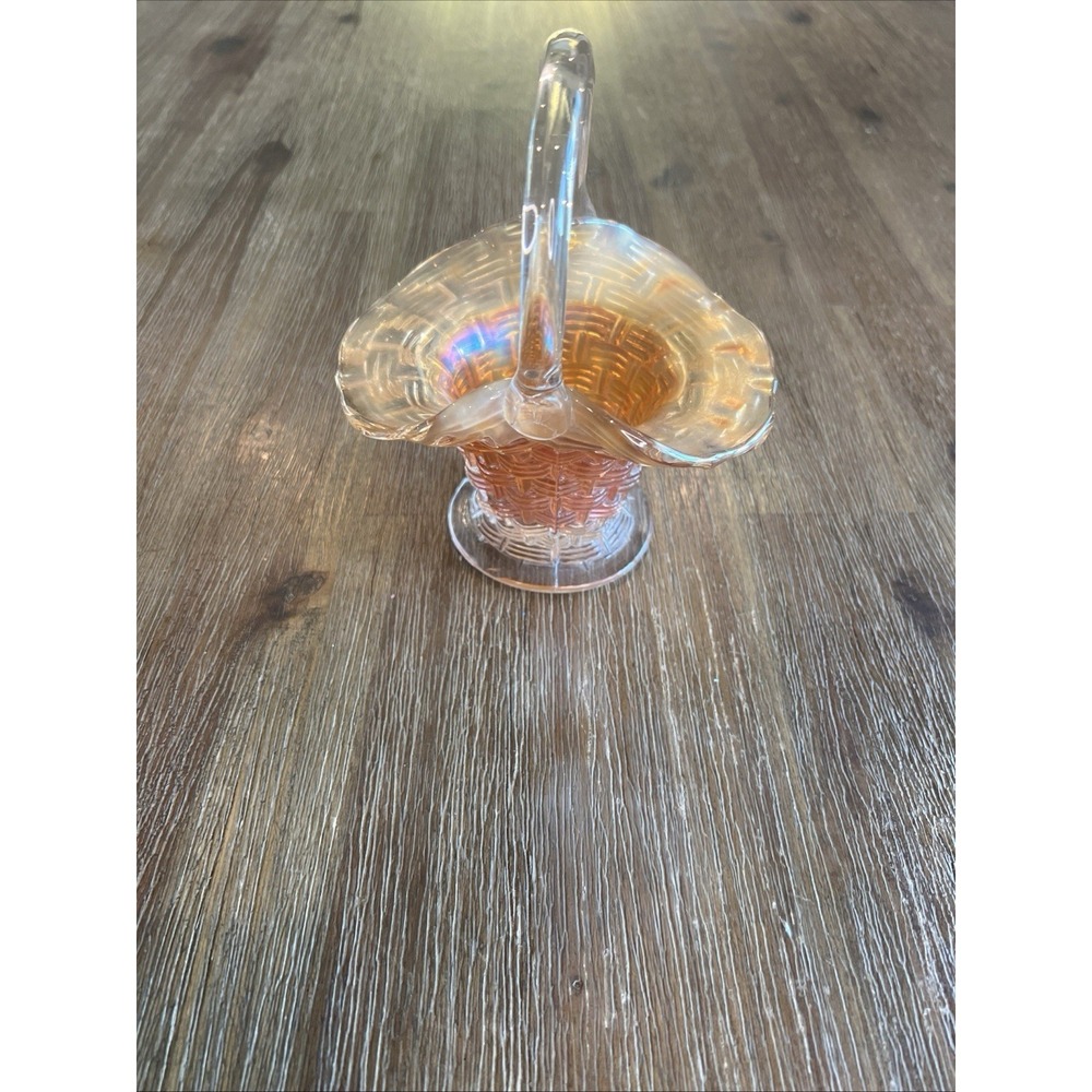 VTG Carnival Glass Basket, Orange, Opalescent, Decorative, Retro Housewares 7 In